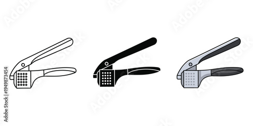Three variations of garlic presses on a white background