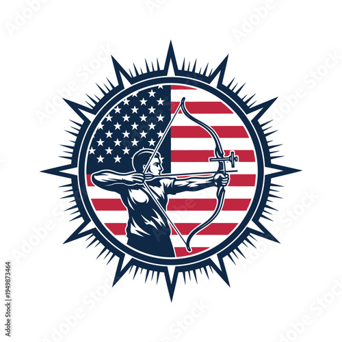Archer figure poised with bow against the backdrop of the american flag in a sunburst emblem
