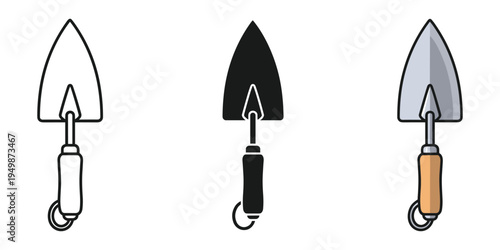 Three different trowel icons in various styles and colors