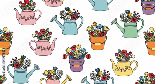 Colorful watering cans with vibrant flowers on white background gardening pattern