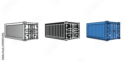 Three variations of shipping containers