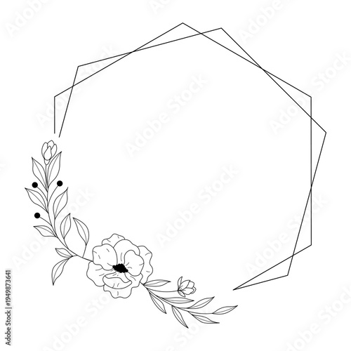 Floral polygon hand drawn style. Floral black and white frames of twigs, leaves and flowers. Frames for Valentine’s Day, wedding decor, logo and identity template.