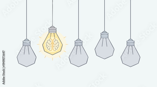 Creative light bulbs with one illuminated showcasing innovative ideas and bright thinking in a modern, minimalistic style