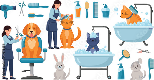 Pet Grooming Salon Collection with Dog Cat Bath Haircut Brush Shampoo and Animal Care Cartoon Vector Illustration Set