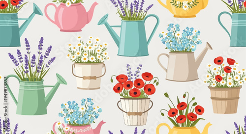 Colorful floral pattern with watering cans and potted flowers on white background
