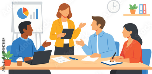 A professional team of business people, including a smiling businesswoman and manager, sit at a desk talking and working together on a laptop during a productive office meeting