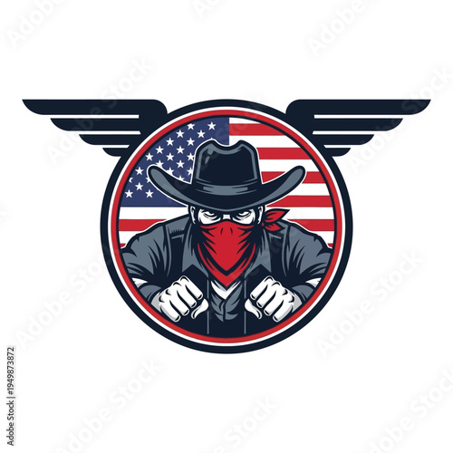 Mysterious cowboy with american flag and wings emblem