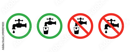 Drinking water and non-drinking water icon set. Drink water and prohibition do not drink water sign