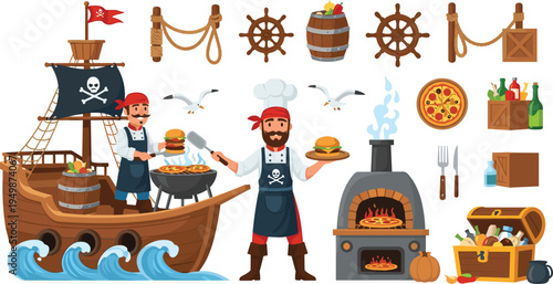 Pirate Chef Cooking Collection with Pirate Ship BBQ Grill Pizza Oven Treasure Chest and Sea Adventure Cartoon Vector Illustration Set