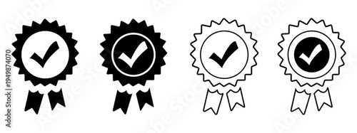 Set of 4 Quality Guarantee Award Ribbon Icons Vector in Solid and Outline Styles for Business and Certification