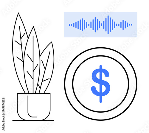 Financial growth concept. Dollar coin, sound wave, and plant illustration monetary progress, innovation, and sustainability. Financial growth for digital payment, banking, fintech eco funds