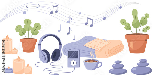 Relaxing Music and Meditation Vector Illustration Set Featuring Headphones, Candles, Plants, Coffee Cup and Calm Wellness Lifestyle Elements