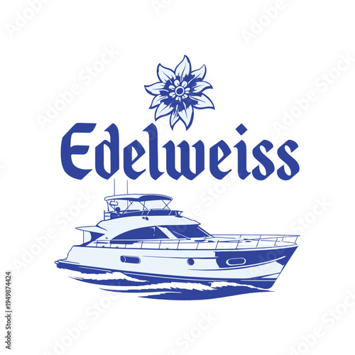 Vintage Edelweiss Yacht Illustration Logo in Blue Monoline Style