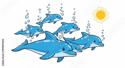 Group of dolphins swimming together in ocean with sun shining bubbles rising clear blue water