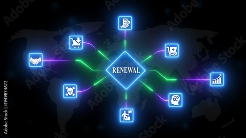 Neon Global Renewal Concept with Business on Map Background neon signs business map background global business