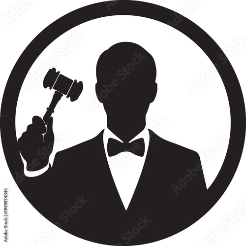 Black and white silhouette icon of an auctioneer holding a wooden gavel inside a circular frame