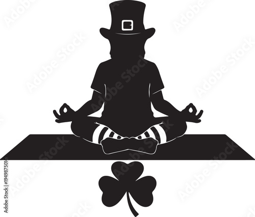 A black silhouette of a leprechaun meditating in a lotus position on a mat with a shamrock below