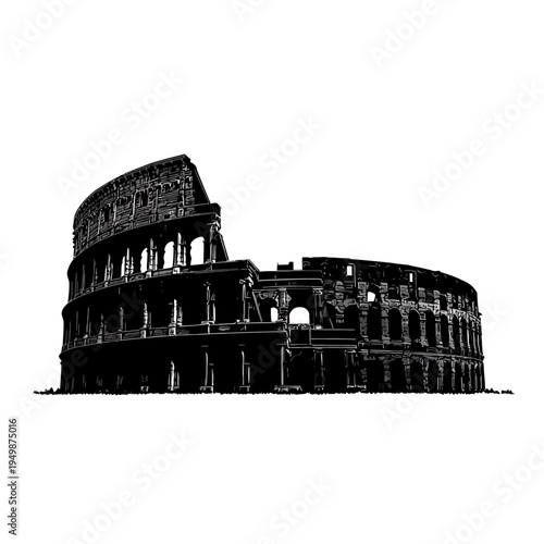 Black and white illustration of the iconic Roman Colosseum in Italy.