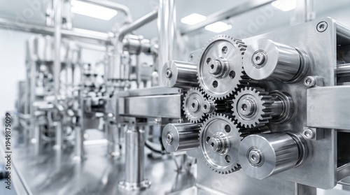 Close up view of a stainless steel machine with interlocking gears and pipes in a clean industrial environment
