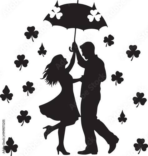 A romantic couple silhouette sharing an umbrella surrounded by decorative clover leaf patterns
