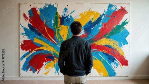 Male adult observing colorful abstract artwork in gallery.