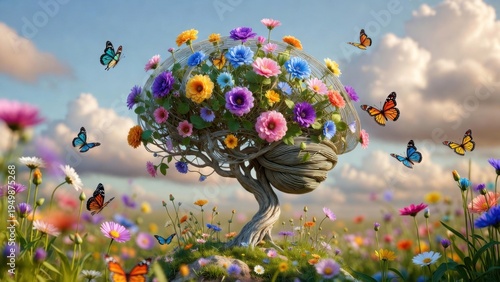 Vibrant tree with blooming flowers and butterflies in a sunny meadow.