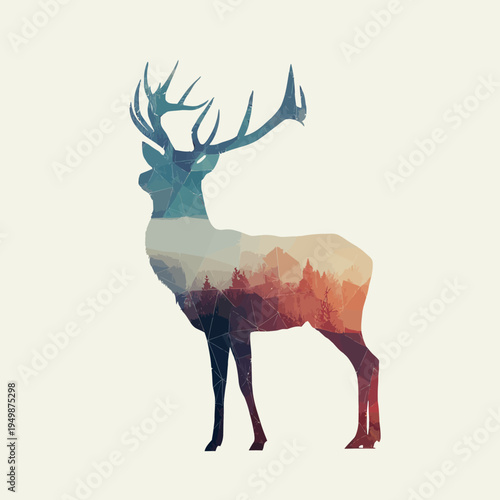 Artistic illustration of a majestic deer with stunning geometric design and landscape.