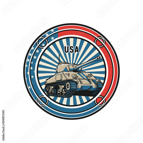 Vintage military tank emblem featuring usa insignia with colorful background radiations