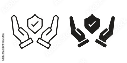 Hand holding shield icon element for graphic designs. line and flat symbols