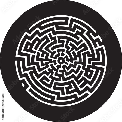 A high contrast circular maze illustration with intricate white paths on a solid black background.