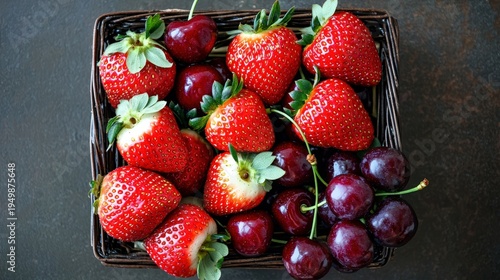 A basket filled with strawberries, cherries, and grapes, highlighting seasonal freshness, copy space available,