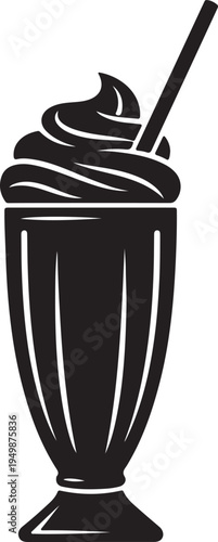 A minimalist black and white vector illustration of a classic milkshake served in a tall glass