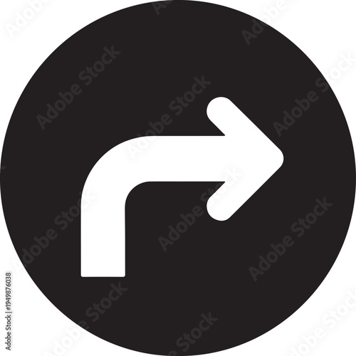 A white arrow pointing towards the right side depicted inside a solid black circular background icon