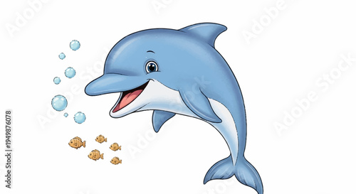 Smiling dolphin jumping out of water with bubbles and fish food playful marine mammal in ocean
