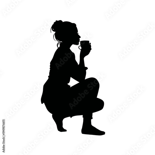 Silhouette of a woman drinking from a mug while squatting on the ground.