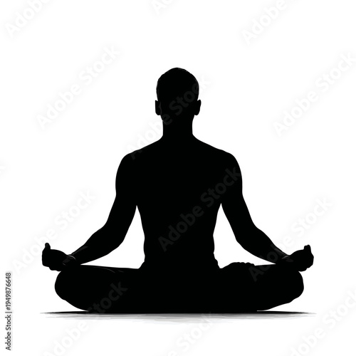 Silhouette of a man meditating in the lotus position against a white background.