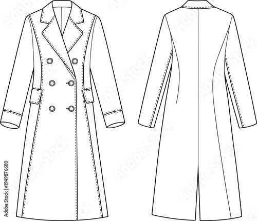 Double‑breasted coat flat sketch front back view, fashion design technical drawing, apparel vector illustration, garment construction black white outline