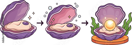 Pearl forming inside oyster shell. Step by step marine pearl creation process. Ocean treasure concept illustration with shiny pearl.