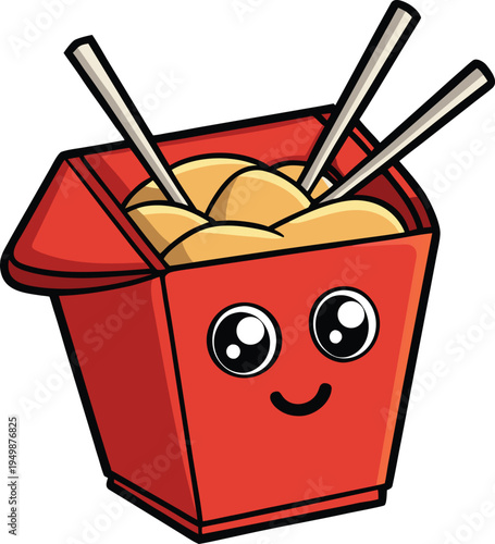 Cute cartoon noodle box with chopsticks and happy face