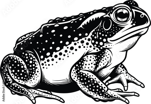 Detailed Black and White Vector Illustration of a Common Toad with Warty Skin Textures Isolated on a Clean White Background