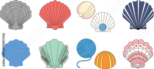 Scallop seashell vector collection. Colorful marine shell icons with pearl and beach elements. Decorative ocean shells for coastal and nautical design.