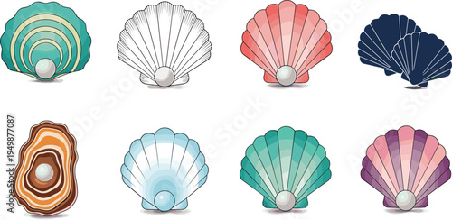 Colorful scallop seashell with pearl set. Decorative marine shell illustrations. Elegant ocean treasure icons for beach, coastal and nautical design.