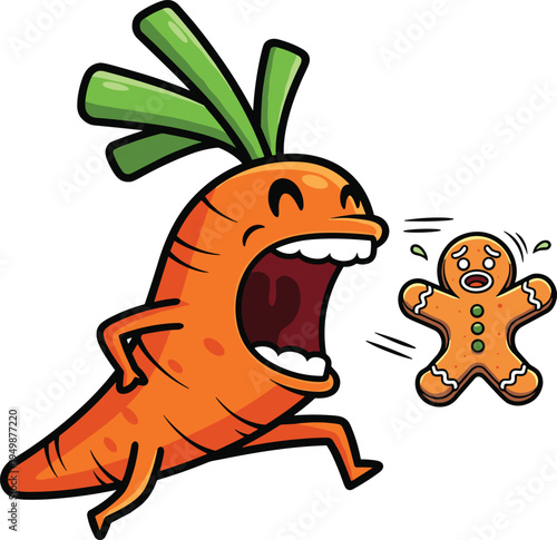Hungry carrot chasing gingerbread cookie. Funny vegetable cartoon character with big mouth. Humorous food chase scene with cute bakery mascot illustration.