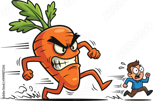 Angry carrot chasing scared man. Funny vegetable character running fast. Healthy food cartoon mascot concept with humorous pursuit scene.
