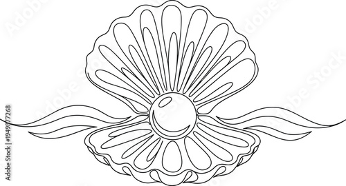 Pearl oyster shell line art. Elegant open seashell with pearl illustration. Marine ocean treasure outline for tattoo, logo and nautical design.