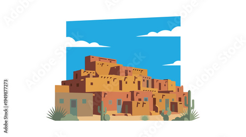 Ancient pueblo buildings stand under a clear blue sky with white clouds in a desert landscape.