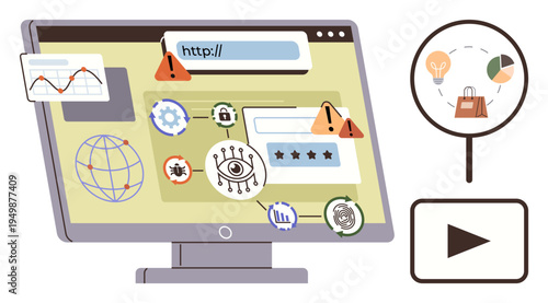 Cybersecurity, online threats, internet security, data protection, fraud awareness, digital safety. Computer screen with warning icons, charts and global web elements. Cybersecurity and online