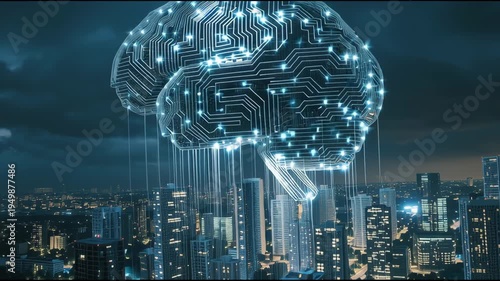 gigantic transparent human brain made of glass hovering above a modern city skyline, glowing neural connections flowing like data streams into skyscrapers, concept of artificial intelligence controlli