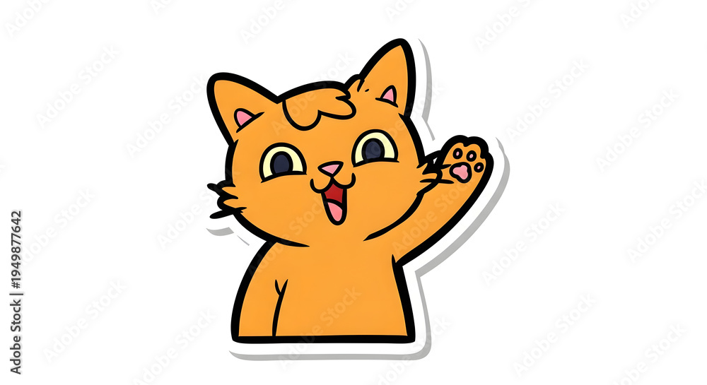 Obraz premium Cheerful orange cartoon cat waving hello with a warm smile, an adorable and friendly pet character sticker perfect for fun designs and children's content