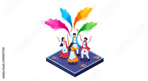 Illustration of joyful people celebrating Holi festival with vibrant color powder splash against a white background.